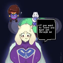 1boy 1girl ? absurdres blush breasts brown_hair bulge clothes embarrassed english_text frisk_(undertale) furry furry_female furry_with_non-furry highres huge_breasts interspecies looking_at_viewer medium_hair open_mouth red_eyes shakemilk size_difference speech_bubble toriel undertale