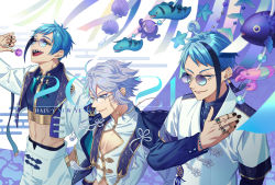 2021 3boys ahoge alternate_costume asa_no_ha_(pattern) azul_ashengrotto black_nails blue-tinted_eyewear blue_eyes blue_hair blue_theme blurry blurry_foreground bracelet brothers buttons candy character_doll chinese_clothes cleavage_cutout closed_mouth clothing_cutout commentary_request crop_top cropped_jacket ear_piercing earrings eel egasumi eyeliner closed_eyes eyewear_strap fish floyd_leech food glasses gold_trim grey-framed_eyewear hand_in_pocket hand_on_own_chest hand_up happy_new_year highres holding holding_candy holding_food holding_lollipop jacket jade_leech jewelry lapels light_blue_hair lollipop long_sleeves looking_at_another makeup male_focus mandarin_collar mole mole_under_mouth multicolored_hair multiple_boys nail_polish navel new_year octopus one_eye_closed open_mouth over-rim_eyewear pants piercing ribbon_trim ring round_eyewear semi-rimless_eyewear sharp_teeth shell short_hair shrimp siblings siiisuuu smile starfish stole stomach streaked_hair tassel tassel_earrings teeth tinted_eyewear toggles twisted_wonderland two-tone_hair upper_teeth_only white_jacket white_pants yellow_eyes