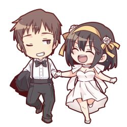 1boy 1girl black_bow black_bowtie black_pants black_shoes bow bowtie breasts brown_eyes brown_hair chibi cleavage collared_shirt commentary_request dress facing_another flower gloves grin hair_flower hair_ornament hair_ribbon hairband happy highres kyon looking_at_another medium_hair open_mouth pants ribbon shirt shoes short_hair simple_background smile suspender_pants suzumiya_haruhi suzumiya_haruhi_no_yuuutsu taiki_(6240taiki) teeth white_background white_dress white_gloves white_shirt white_shoes yellow_hairband yellow_ribbon