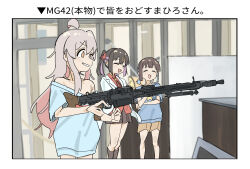 3girls :d ^_^ ahoge black_ribbon blue_hair blue_shirt border brown_eyes brown_hair brown_shorts brown_skirt clenched_teeth closed_eyes coat commentary_request finger_on_trigger grin gun highres holding holding_weapon hozuki_momiji indoors lab_coat machine_gun mg42 multiple_girls neck_ribbon off-shoulder_shirt off_shoulder onii-chan_wa_oshimai! open_mouth oyama_mahiro oyama_mihari pink_hair pleated_skirt purple_hair red_shirt ribbon shirt shorts skirt smile standing teeth translation_request weapon white_border white_coat yuzuponzup