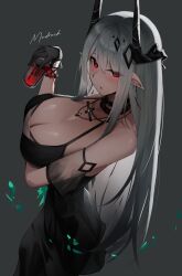 1girl absurdres arknights arm_under_breasts black_dress black_gloves breasts character_name cleavage commentary cross cross_necklace cup demon_girl demon_horns dress gloves grey_background grey_hair highres holding holding_cup horns infection_monitor_(arknights) jewelry large_breasts mudrock_(arknights) mudrock_(obsidian)_(arknights) necklace official_alternate_costume pointy_ears red_eyes simple_background solo yuki_(yuki_yu_owo)