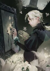1boy absurdres afk_(series) afk_journey artist_name black_pants blurry blurry_foreground closed_mouth coattails commentary cowboy_shot curtained_hair english_commentary flower from_side grave grey_hair hair_ribbon highres holding holding_paint_palette holding_paintbrush hole juliet_sleeves long_hair long_sleeves low_ponytail ludovic_(afk) male_focus no_pupils paint_palette paintbrush painting_(action) painting_(object) pants parted_bangs picture_frame ponytail profile puffy_sleeves ribbon signature skyler solo standing tombstone too_many_flowers undead white_eyes white_flower