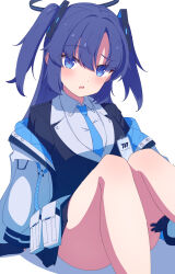 Rule 34 | 1girl, absurdres, aot., black gloves, black jacket, black skirt, blue archive, blue eyes, blue hair, blue necktie, blush, commentary request, gloves, halo, highres, id card, jacket, jacket partially removed, long hair, looking at viewer, mechanical halo, millennium science school logo, necktie, office lady, parted lips, red pupils, shirt, skirt, solo, thighs, two side up, white jacket, white shirt, yuuka (blue archive)