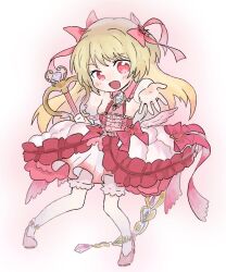 1girl 2bird_girl bad_id bad_twitter_id blonde_hair bloomers chaos_marie_(grimms_notes) dress full_body grimms_notes hair_ribbon holding holding_wand long_hair pink_eyes pink_ribbon ribbon solo underwear wand white_bloomers wings