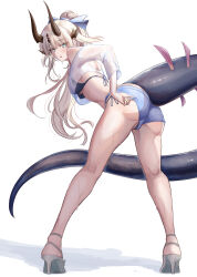 Rule 34 | 1girl, absurdres, arknights, ass, bare shoulders, bikini, black bra, blonde hair, blue bow, blue bowtie, blue shorts, blush, bow, bowtie, bra, breasts, brown horns, denim, dragon, dragon girl, dragon horns, dragon tail, green eyes, high heels, highres, horns, jeans, long hair, long legs, long tail, looking at viewer, monster girl, mumi daohu, open mouth, pants, parted lips, reed (arknights), sandals, shirt, shorts, single horn, sweat, swimsuit, tail, underwear, variant set, very long hair, white background, white shirt