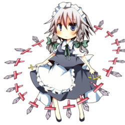 1girl bad_id bad_pixiv_id between_fingers blue_eyes bow braid chibi female_focus hair_bow holding izayoi_sakuya knife maid maid_headdress pasutel ribbon short_hair silver_hair solo throwing_knife touhou twin_braids weapon