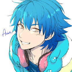 1boy blue_hair blue_shirt character_name commentary_request dramatical_murder grin headphones headphones_around_neck jacket looking_to_the_side male_focus multicolored_jacket negoto_(psyming) open_clothes open_jacket seragaki_aoba shirt sideways_glance simple_background smile solo teeth white_background yellow_eyes