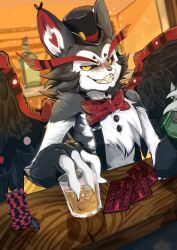 1boy alcohol animal_ears ao_gravity black_sclera bow bowtie card cat_boy cat_ears colored_sclera commentary_request cup fangs feathered_wings furry furry_male grin hazbin_hotel highres holding holding_cup husk_(hazbin_hotel) looking_at_viewer male_focus playing_card poker_chip red_bow red_bowtie smile suspenders upper_body wings
