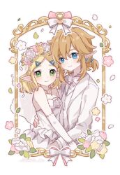 1boy 1girl bare_shoulders blonde_hair blue_eyes blush bow bowtie bracelet closed_mouth commentary dress earrings elbow_gloves elf flower flower_wreath gloves green_eyes hair_ornament hairclip hand_on_another&#039;s_waist hashtag-only_commentary head_wreath highres jacket jewelry link long_sleeves nintendo pearl_bracelet pointy_ears princess_zelda shirt simple_background smile strapless strapless_dress the_legend_of_zelda the_legend_of_zelda:_breath_of_the_wild white_background white_bow white_bowtie white_dress white_flower white_gloves white_jacket white_shirt yellow_flower yukomeow