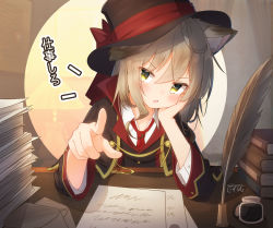 1girl animal_ear_fluff animal_ears black_capelet black_hat black_jacket blouse blush book book_stack brown_hair capelet collared_shirt coreytaiyo dated hair_between_eyes hat highres inkwell jacket long_sleeves looking_at_viewer mary_swan_(coreytaiyo) necktie open_mouth original paper_stack pointing pointing_at_viewer quill red_necktie shirt signature solo tilted_headwear translation_request upper_body v-shaped_eyebrows white_shirt yellow_eyes