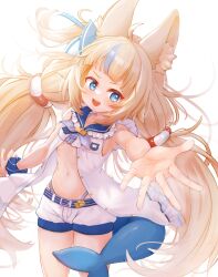 Rule 34 | 1girl, absurdres, ahoge, animal ear fluff, animal ears, belt, bikini, bikini under clothes, blonde hair, blue eyes, cat ears, dress, fins, fish tail, highres, illusiya, indie virtual youtuber, long hair, navel, open clothes, open dress, open mouth, outstretched hand, ribbon, sameko saba, scrunchie, short shorts, shorts, sleeveless, sleeveless dress, smile, solo, stomach, swimsuit, tail, thighs, twintails, unbuttoned dress, very long hair, virtual youtuber, white dress, white shorts, wrist scrunchie