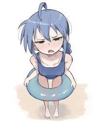 1girl annoyed blue_hair blush braid breasts donut_innertube feet female_focus full_body green_eyes half-closed_eyes highres innertube izumi_konata legs loli long_hair looking_at_viewer lucky_star one-piece_swimsuit school_swimsuit small_breasts solo standing swim_ring swimsuit thighs toes zlix0n