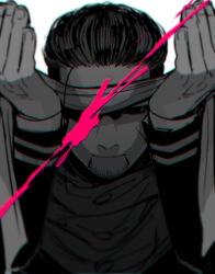 1boy closed_mouth facial_hair fingernails goatee golden_kamuy kzouzou long_sleeves male_focus nostrils ogata_hyakunosuke one_eye_covered scar scar_on_face short_hair simple_background solo splatter upper_body white_background