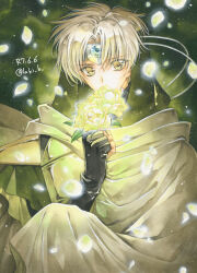 1boy artist_name eagle_vision falling_petals fingerless_gloves flower flower_request gloves glowing_flower green_background highres holding holding_flower laki_(laki_cu) magic_knight_rayearth making-of_available male_focus pale_skin petals solo tagme traditional_media white_hair yellow_eyes yellow_flower