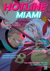 Rule 34 | 2boys, absurdres, bandaged hand, bandaged head, bandages, biker (hotline miami), blood, blood from mouth, bloody tears, blue hair, chicken mask, clenched teeth, commentary, cover, covered eyes, dagger, english commentary, english text, fighting, highres, holding, holding polearm, holding weapon, hotline miami, jacket, jacket (hotline miami), knife, magazine cover, multicolored jacket, multiple boys, neon lights, nosebleed, pink blood, polearm, qr code, sahrhai, shirt, short hair, teeth, two-tone jacket, upper body, weapon, white shirt