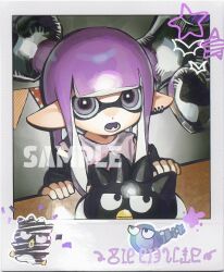 1girl balloon black_arm_warmers blunt_bangs cake earrings fang food grey_eyes highres inkling inkling_girl inkling_player_character jewelry long_hair looking_at_viewer lower_teeth_only miko_(15476997) multiple_earrings nintendo open_mouth plate pointy_ears polaroid_photo purple_hair sample_watermark shirt sleeveless sleeveless_shirt solo splatoon_(series) teeth tentacle_hair watermark white_shirt