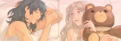 2girls arm_up bare_shoulders blue_hair female_byleth_(fire_emblem) closed_eyes edelgard_von_hresvelg fire_emblem fire_emblem:_three_houses highres long_hair looking_to_the_side multiple_girls nintendo pillow purple_eyes radiostarkiller sleeping smile stuffed_animal stuffed_toy teddy_bear under_covers upper_body white_hair yuri