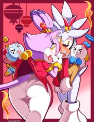 1boy 1girl animal_ears ass blaze_the_cat blaze_the_cat_(lunar) cat_ears cat_girl cat_tail chao_(sonic) chinese_clothes chinese_new_year clothes_lift commentary_request covering_privates dress dress_lift embarrassed from_behind furry furry_female furry_male hedgehog_boy hero_chao highres neutral_chao open_mouth ponytail senshion silver_the_hedgehog silver_the_hedgehog_(lantern) sonic_(series) sonic_forces:_speed_battle standing tail yellow_eyes