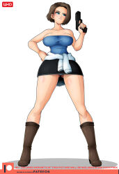 Rule 34 | 1girl, black skirt, blue eyes, blue tube top, breasts, brown hair, clothes around waist, gun, hand on own hip, handgun, highres, holding, holding gun, holding weapon, jill valentine, miniskirt, paid reward available, panties, pantyshot, patreon username, resident evil, resident evil 3: nemesis, signature, simple background, skirt, strapless, sweater, sweater around waist, tube top, underwear, weapon, white background, white panties, witchking00