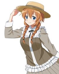 Rule 34 | 1girl, alternate costume, alternate hairstyle, blush, braid, charlotte e. yeager, hand on own hat, hat, highres, kaneko (novram58), orange hair, simple background, smile, standing, strike witches, twin braids, white background, world witches series