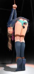 1girl absurdres anal anal_object_insertion ankle_socks arms_behind_back arms_up bent_over black_socks blazer blue_panties blush bound bound_legs bound_wrists brown_eyes brown_hair collared_shirt crying crying_with_eyes_open dildo drooling highres jacket necktie object_insertion original panties pleated_skirt po-i-mu red_necktie restrained saliva sex_toy shibari shirt skindentation skirt socks solo standing strappado tears tiptoes underwear vaginal vaginal_object_insertion white_shirt