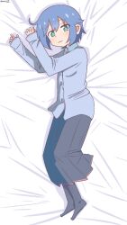 Rule 34 | 1girl, :3, artist name, bambi2000line, bed sheet, black skirt, black socks, blue hair, blue jacket, commentary, fujimi nemu, full body, green eyes, hair between eyes, highres, jacket, long skirt, long sleeves, looking at viewer, lying, on side, onii-chan wa oshimai!, pleated skirt, school uniform, short hair, skirt, sleeves past wrists, smile, socks, solo