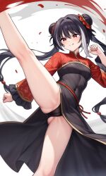 1girl absurdres black_dress black_hair black_panties china_dress chinese_clothes dress hair_between_eyes high_kick highres jia_xichun_(project_moon) kicking limbus_company looking_at_viewer multicolored_hair panties project_moon red_dress red_eyes simple_background solo thighs two-tone_dress two-tone_hair underwear white_background white_hair zero0ex