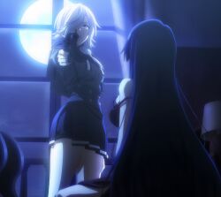 2girls absurdres anime_screenshot bed blue_eyes breasts gun hair_over_one_eye highres indoors lamp large_breasts long_hair monika_(spy_kyoushitsu) moon moonlight multiple_girls night night_sky short_hair short_hair_with_long_locks skirt sky spy_kyoushitsu stitched strap_slip suspender_skirt suspenders thea_(spy_kyoushitsu) third-party_edit weapon window