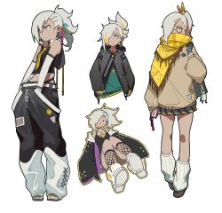 1girl alternate_costume bag baggy_pants bespectacled black_shirt boots c: cellphone chinese_commentary choker commentary_request covered_mouth cross cross_necklace earrings elbow_gloves expressionless fishnet_legwear fishnets full_body girls&#039;_frontline glasses gloves green_hair green_shirt grey_hair gyaru hair_ornament hair_over_one_eye hair_ribbon hairclip hands_in_pockets highres holding holding_phone hood hooded_jacket jacket jewelry klin_(girls&#039;_frontline) leg_warmers letter_hair_ornament looking_to_the_side medjed_(mythology) midriff multicolored_hair multiple_views necklace necktie off_shoulder pants phone pin ponytail ribbon rokku_gyaru sandals satchel scarf shirt shoe_soles shoes short_ponytail shorts simple_background skirt sleeveless smartphone smile streaked_hair toes upper_body waterkuma white_background