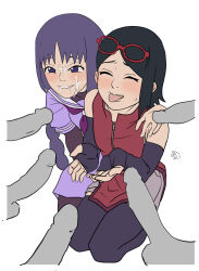 2girls aldwelter black_hair boruto:_naruto_next_generations bukkake closed_eyes cum cum_on_body erection facial female_focus highres kakei_sumire loli multiple_girls naruto_(series) naughty_face penis purple_eyes purple_hair tongue tongue_out uchiha_sarada white_background