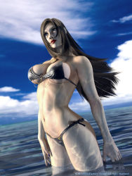 1girl 3d artist_request bikini breasts brown_hair character_request cloud copyright_request cowboy_shot female_focus navel ocean outdoors partially_submerged sky solo standing swimsuit water