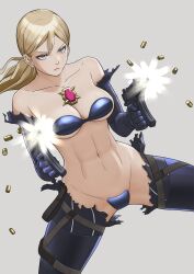 1girl blonde_hair blue_eyes bodysuit breasts firing grey_background gun highres holding holding_gun holding_weapon jill_valentine long_hair low_ponytail muzzle_flash navel ponytail purple_bodysuit resident_evil resident_evil_5 shell_casing shigenobu simple_background submachine_gun torn_clothes weapon