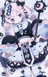 1girl black_boots black_bow black_eyes black_shirt blush_stickers boots bow bow_legwear bowtie breasts collared_shirt commentary_request cotono_(nazekun) cowboy_shot crop_top double_bun fang film_grain hair_bow hair_bun hair_ornament highres holding holding_mace holding_weapon long_hair long_sleeves mace magical_girl open_mouth original panda_hair_ornament pink_bow pink_hair purple_bow purple_bowtie round_collar shirt skirt sleeves_past_fingers sleeves_past_wrists small_breasts solo spiked_mace spikes tabard tearing_up thighhighs very_long_hair weapon white_skirt white_thighhighs x_hair_ornament
