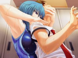 1boy 1girl breasts forced haramasete_seiryuu-kun! large_breasts lilith-soft locker locker_room suzaku_natsuhime swimsuit wet