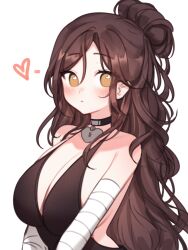 1girl absurdres backless_dress backless_outfit bandaged_arm bandages black_choker black_dress blush breasts brown_eyes brown_hair choker cleavage closed_mouth collarbone dress eyebrows_hidden_by_hair eyes_visible_through_hair half_updo hazel_eyes heart heart_choker highres indie_virtual_youtuber large_breasts long_hair looking_at_viewer sky_above_me sky_above_me_(vtuber) sleeveless sleeveless_dress solo standing swept_bangs very_long_hair virtual_youtuber