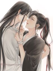 2boys bishounen black_hair black_hanfu bound bound_wrists chinese_clothes closed_mouth couple eye_contact eyelashes hair_ribbon hanfu highres holding_another&#039;s_hair hug imminent_kiss lan_wangji long_hair long_sleeves looking_at_another male_focus modao_zushi multiple_boys open_mouth ponytail purple_eyes red_ribbon ribbon ribbon_bondage robe simple_background smile twitter_username upper_body very_long_hair w2biiro watermark wei_wuxian white_background white_hanfu white_ribbon wide_sleeves yaoi yellow_eyes