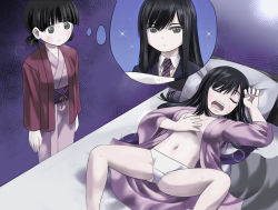 2girls alternate_hairstyle bed black_eyes black_hair blush breasts cleavage commentary drooling expressionless female_focus hakama hakama_skirt hosoinogarou imagining japanese_clothes kimono koguma_(super_cub) long_hair looking_at_another low_twintails medium_breasts multiple_girls navel necktie no_bra obi on_bed open_mouth panties pillow purple_background reiko_(super_cub) sash school_uniform short_hair simple_background skirt sleeping snoring sparkle speech_bubble spread_legs super_cub sweat teeth thought_bubble twintails underwear upper_teeth_only white_panties yuri