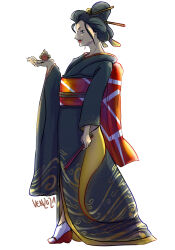 Rule 34 | 1girl, animal, artist name, bird, black hair, black kimono, blue eyes, closed mouth, commentary, english commentary, frog-of-rock, full body, geisha, hair ornament, hand fan, highres, holding, holding animal, holding bird, holding fan, japanese clothes, kanzashi, kimono, lipstick, makeup, nico robin, nico robin (wano), obi, one piece, profile, red lips, sash, sidelocks, simple background, socks, solo, white background, white socks
