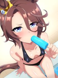 1girl animal_ears bikini black_bikini blue_eyes breasts brown_hair ear_ornament feet_out_of_frame food food_in_mouth from_above hair_between_eyes highres horse_ears horse_girl horse_tail ice_nine looking_at_viewer narita_taishin_(umamusume) poolside popsicle popsicle_in_mouth short_hair small_breasts solo swimsuit tail umamusume