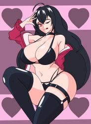 Rule 34 | 1girl, absurdres, azur lane, bikini, black bikini, black hair, black thighhighs, breasts, choker, highres, large breasts, one eye closed, solo, swimsuit, taihou (azur lane), taihou (enraptured companion) (azur lane), thighhighs, wink, winter lyblac