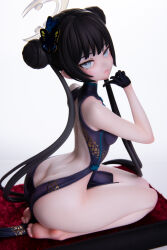 1girl asanagi ass back back_cutout bare_shoulders barefoot black_dress black_gloves black_hair blue_archive blush braid braided_bun breasts butterfly_hair_ornament china_dress chinese_clothes clothing_cutout commentary_request dimples_of_venus double_bun dragon_print dress eyelashes feet figure_(medium) gloves grey_eyes hair_bun hair_ornament half-closed_eyes half_gloves halo highres kisaki_(blue_archive) long_eyelashes long_hair looking_at_viewer nanzefu no_panties photo_(medium) seiza short_dress side_slit sitting small_breasts soles twintails