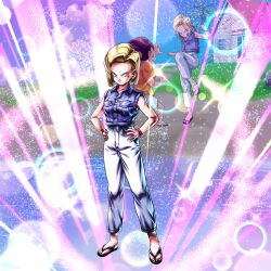 1boy 1girl android_18 black_hair blonde_hair blue_eyes couple dragon_ball dragon_ball_legends happy husband_and_wife kuririn official_art smile sparring training