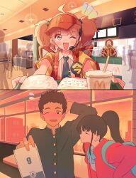 2boys 2girls absurdres boyfriend_(yoru_mac) clown clown_boy employee_uniform fast_food fast_food_uniform girlfriend_(yoru_mac) highres imadake_dabuchi_tabemi in-franchise_crossover mcdonald&#039;s multiple_boys multiple_girls ponytail ronald_mcdonald shirogami_seisho yoru_mac
