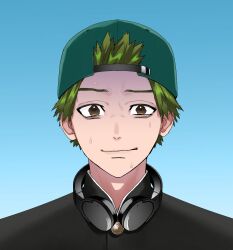 1boy backwards_hat blue_background brown_eyes gakuran gradient_background green_hair hat headphones headphones_around_neck highres kotaro_tamon looking_at_viewer male_focus neoshoco nervous nervous_sweating phantom_busters portrait school_uniform short_hair simple_background solo sweat