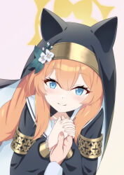 1girl 1other absurdres animal_ear_headwear anotherdetteiu black_dress black_veil blue_archive blue_eyes blush closed_mouth commentary_request double-parted_bangs dress eyelashes fake_animal_ears flower frilled_sleeves frills hair_between_eyes halo hands_up happy hat hat_flower highres holding_hands interlocked_fingers long_hair long_sleeves looking_at_viewer mari_(blue_archive) nun orange_hair pov pov_hands sailor_collar school_uniform serafuku sidelocks simple_background smile solo_focus split_mouth upper_body veil white_background white_flower white_sailor_collar winter_uniform yellow_halo