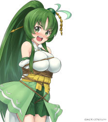 1girl :d antenna_hair bare_shoulders bdsm blush bondage bound breasts detached_sleeves errant female_focus green_eyes green_hair hair_ornament hair_stick kushinada_(momo_kyun_sword) large_breasts long_hair looking_at_viewer matching_hair/eyes momo_kyun_sword open_mouth ponytail rope smile solo very_long_hair