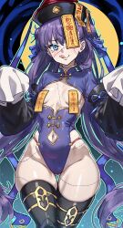 1girl absurdres aqua_eyes black_thighhighs blue_leotard blue_ribbon blue_skin blush breasts chinese_clothes clothing_cutout colored_skin covered_navel duplicate ebora fate/extra fate/extra_ccc fate/grand_order fate_(series) gluteal_fold hat hat_ornament highres jiangshi jiangshi_costume leotard long_hair long_sleeves looking_at_viewer meltryllis_(fate) navel navel_cutout ofuda ofuda_on_head ofuda_on_nipples one-piece_thong outstretched_arms pasties purple_hair purple_hat revealing_clothes ribbon scar scar_on_arm scar_on_chest scar_on_face sleeves_past_fingers sleeves_past_wrists small_breasts solo talisman thighhighs tongue tongue_out twintails wide_hips zombie_pose