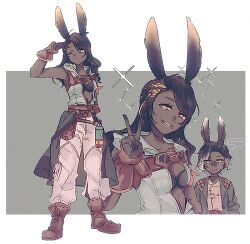 animal_ears black_hair cahciua erenville ff14hioo_oo7 final_fantasy final_fantasy_xiv green_jacket jacket long_hair mother_and_son open_clothes open_shirt panties rabbit_boy rabbit_ears rabbit_girl shirt sleeveless sleeveless_shirt underwear white_panties