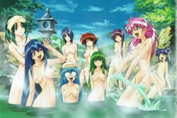 6+girls aqua_eyes arm_up arms_behind_back bath bathing blue_eyes blue_hair breasts brown_eyes completely_nude convenient_censoring day double_bun flat_chest glasses green_hair hair_bun hair_over_one_eye hair_over_shoulder happy hibachi kentou_kanami knee_up large_breasts lia_parapara_leazas long_hair looking_at_another maria_custard maris_amaryllis masou_shizuka medium_breasts multiple_girls navel nipples non-web_source nude official_art onsen open_mouth outdoors pink_hair rance_(series) red_eyes round_eyewear scan semi-rimless_eyewear sill_plain sitting small_breasts smile splashing standing steam towel towel_on_head very_long_hair wading water wince yamashita_toshinari