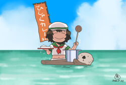 1girl banner black_hair blue_sky bucket closed_eyes closed_mouth cloud commentary_request dated day hat hishaku holding holding_tray horizon murasa_minamitsu neckerchief ocean onikobe_rin otter outdoors red_neckerchief shirt short_hair sky smile solo touhou translation_request tray upper_body water white_hat white_shirt